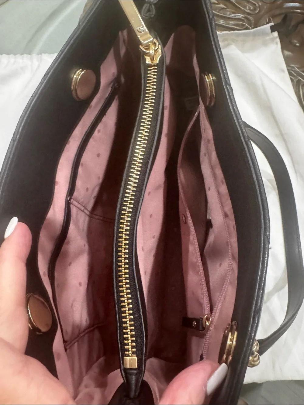 kate spade Black Quilted Chevron Shoulder Bag with Gold Chain Handles.
